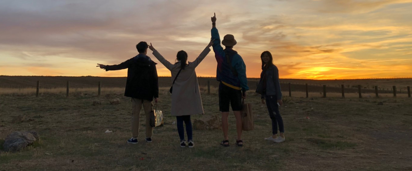Four students with their back to the camera standing in front of a sunset over a field.